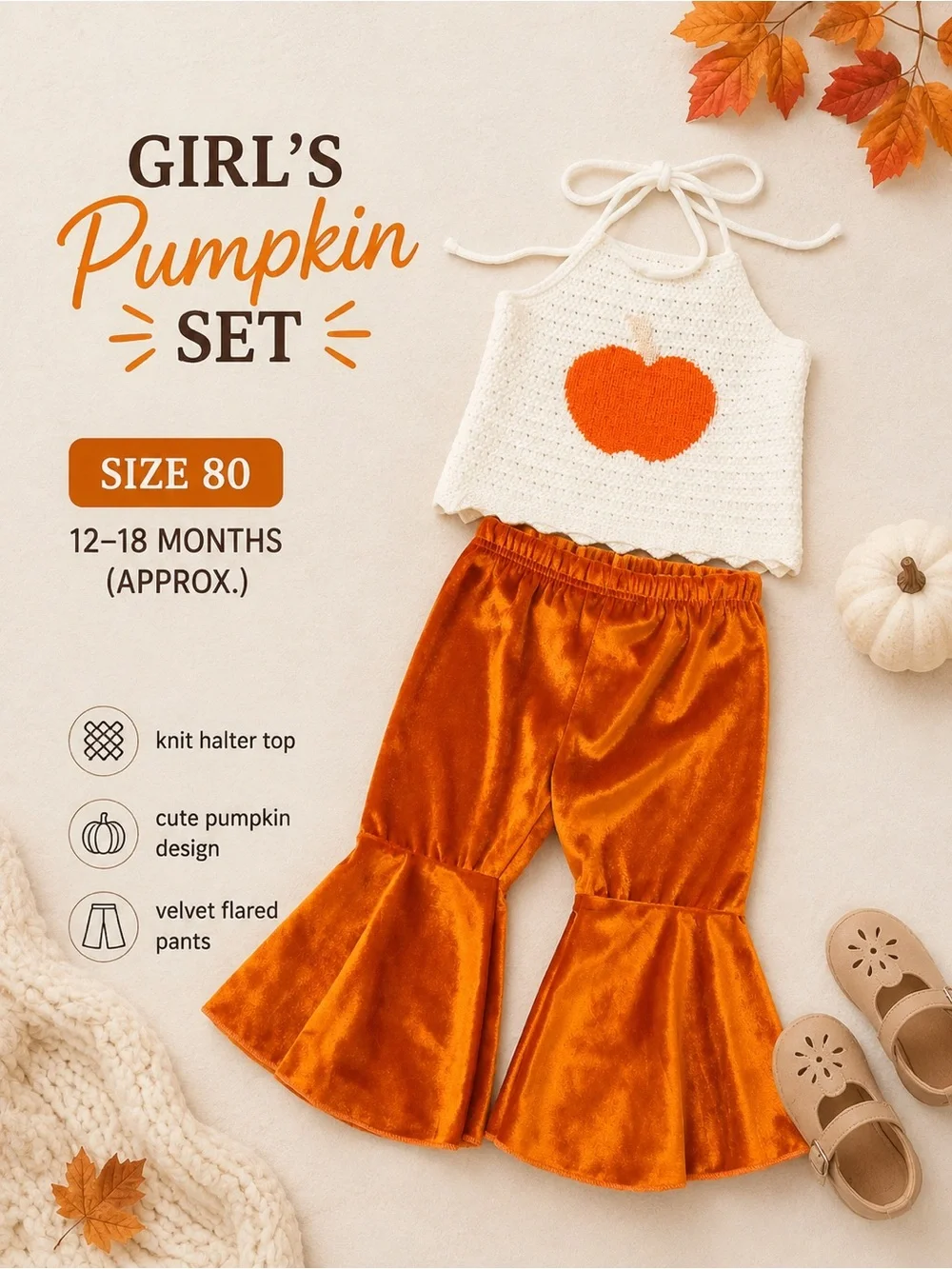 Toddler Pumpkin Knit Halter & Velvet Flare Set - White & Orange